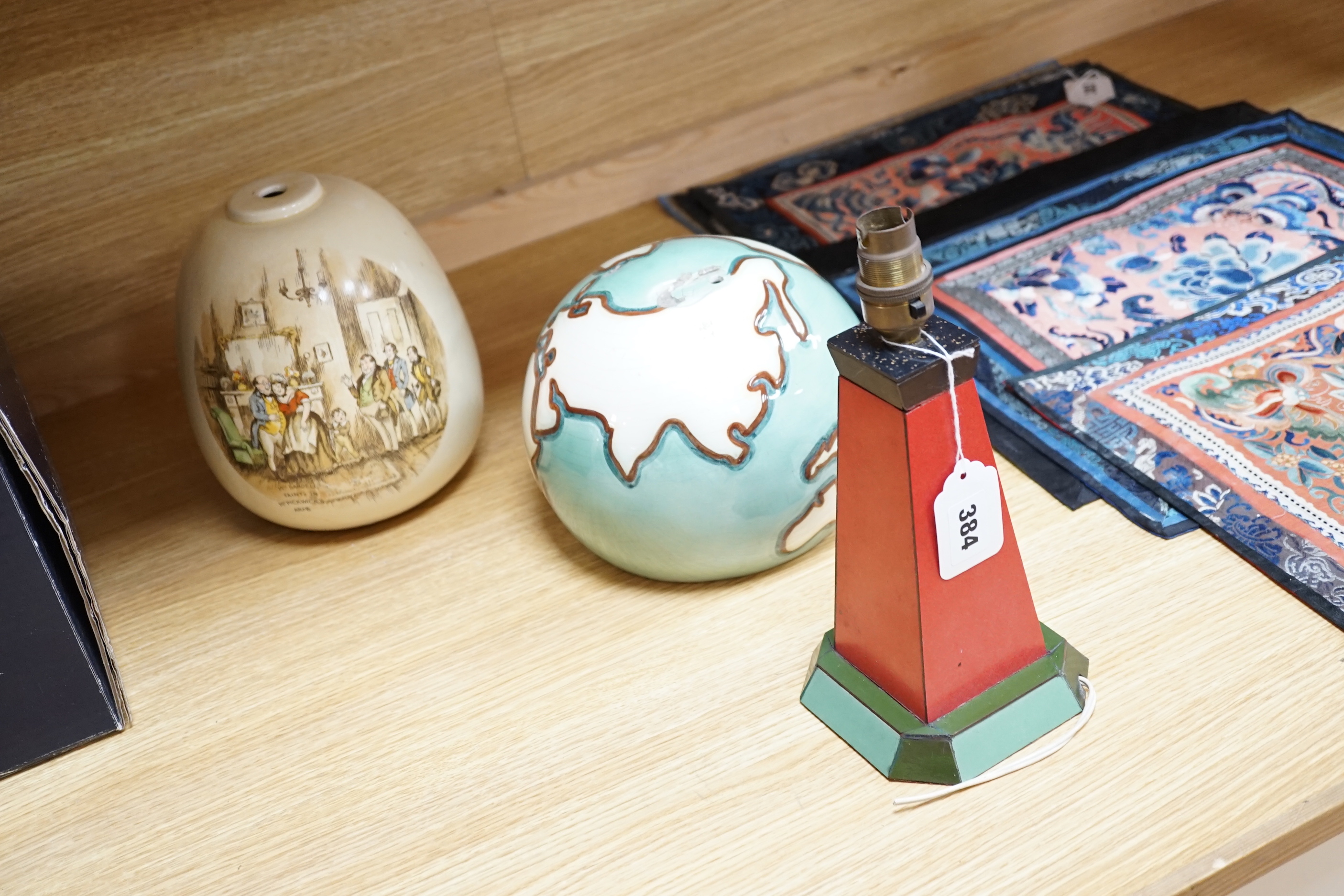 A collection of four pottery novelty lamp bases, a plastic lamp and a plaster light house lamp, (6), tallest 28cm high